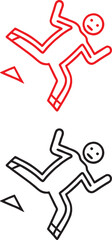 Minimalist warning sign, stick figure falling, caution symbol, red and black outlines, simple geometric shapes, safety hazard illustration, contrasting colors, bold graphic design, danger pictogram, u