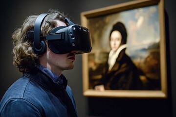 Virtual reality experience in an art museum featuring a classic portrait