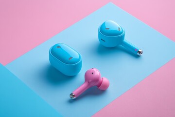 Blue and pink wireless earbuds on a pastel background