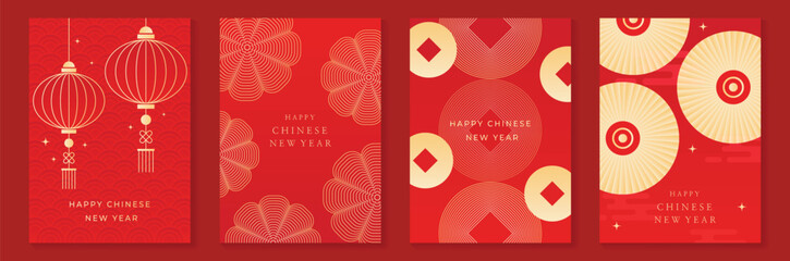 Chinese New Year 2025 greeting card background vector. Collection of Chinese festival with lantern, flower, coin, fan, pattern. Elegant oriental illustration for cover, poster, envelope, calendar.
