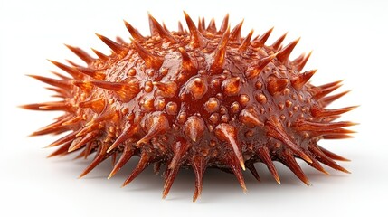 Obraz premium Close-up of a spiky, brown sea urchin on white background.