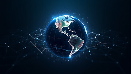 Fototapeta premium Futuristic white glowing network lines and dots surrounding Earth, featuring detailed night lights over North and South America against a dark blue gradient background for digital connectivity
