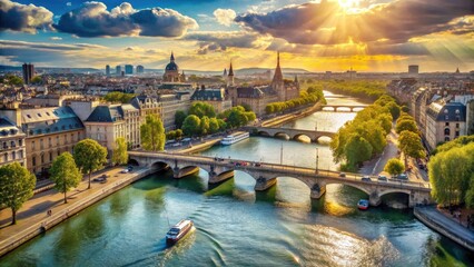 Sunny Seine, Parisian charm.  Pont Neuf, Pont des Arts frame a picturesque cityscape.