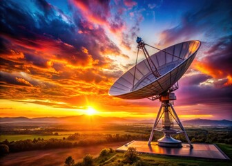 Sunset silhouettes a technological landscape: high-resolution aerial photography captures a sprawling satellite dish array.