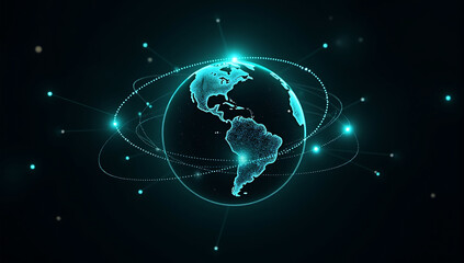 Obraz premium Digital global network concept with connecting lines and points around the Earth, blue background with night lights of North America and South America to reflect telecommunication design