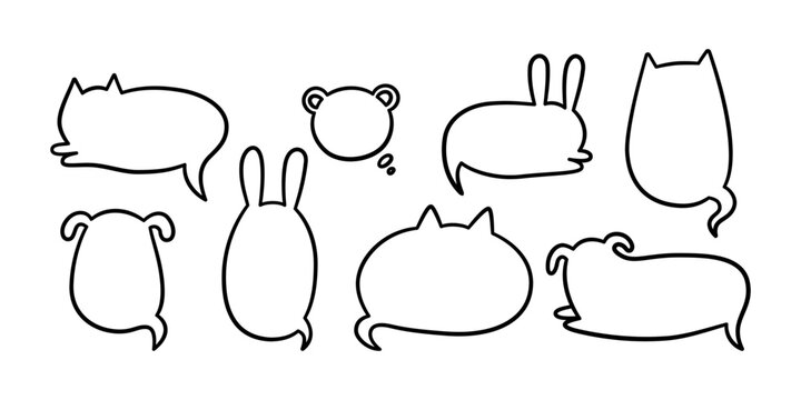 Cat dog rabbit pet speech bubble. Empty cute frames with tails set. Hand drawn sketch doodle line animal frame. Cat, dog cute talk speech bubble. Vector illustrations isolated on white background.