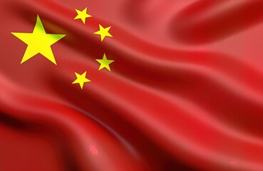 3D rendering of waving Chinese national flag. Flag red with five yellow stars. Dynamic flag movement conveys national pride, celebration. Design element ideal for Chinese culture, history. Used for