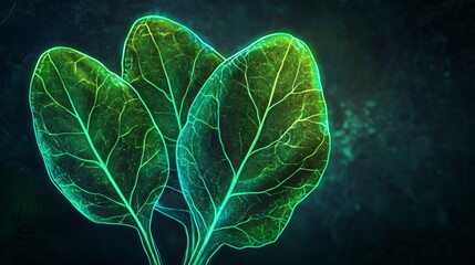 Spinach leaves with bold neon outlines, isolated on a dark futuristic background