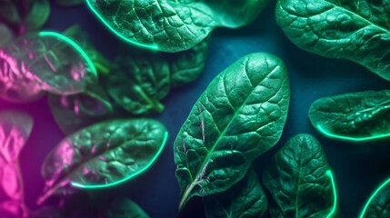 Fototapeta premium Spinach leaves with bold neon outlines, isolated on a dark futuristic background