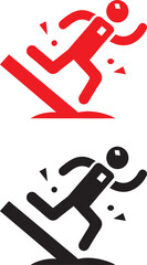 Minimalist warning sign, stick figure falling, caution symbol, red and black outlines, simple geometric shapes, safety hazard illustration, contrasting colors, bold graphic design, danger pictogram, u