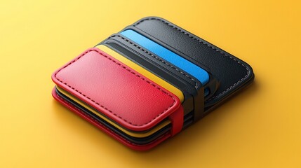 Colorful leather wallet with card slots on yellow background.