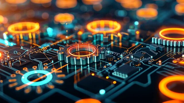 Futuristic Circuit Design Glowing Blue and Orange Electronics Showcase Intricate Technology and Abstract Digital Patterns for Vibrant Experience.