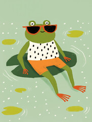 Obraz premium quirky frog wearing sunglasses sits on lily pad, surrounded by abstract water ripples. This charming hand drawn illustration captures unique and playful vibe