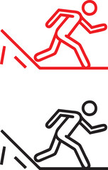 Minimalist warning sign, stick figure falling, caution symbol, red and black outlines, simple geometric shapes, safety hazard illustration, contrasting colors, bold graphic design, danger pictogram, u