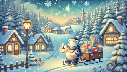 Naklejka premium A Whimsical Winter Mailman Scene in a Storybook-Style Setting with Fantasy and Warmth