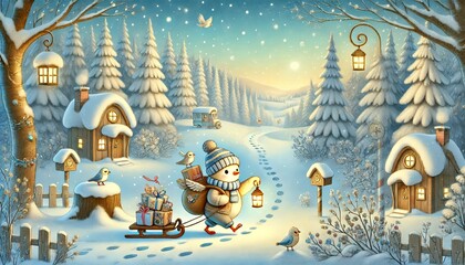 Obraz premium A whimsical winter scene featuring a tiny bird postman delivering magical letters in a snowy forest, glowing with soft pastel hues and fantasy charm.