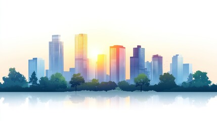 Obraz premium Sunrise over modern city skyline reflected in water.