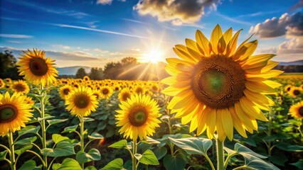 Vibrant yellow sunflowers, a minimalist study in sunlit fields and sky.