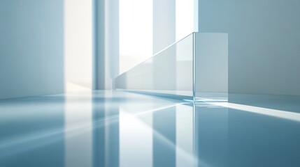 Modern minimalist interior with glass partition and reflective floor.