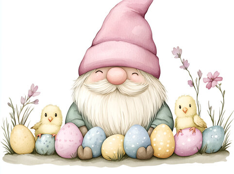 watercolor easter gnome with chicks and eggs clip art preview