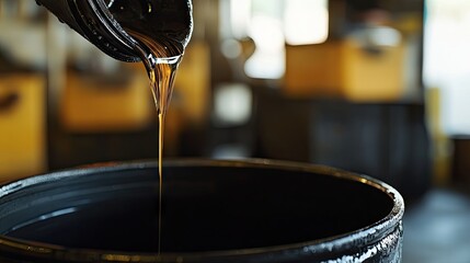 Obraz premium Dark engine oil dripping slowly from the oil pan into a container