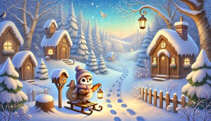 Fototapeta premium A whimsical winter forest featuring a charming bird mail carrier on a snowy trail delivering magical glowing parcels to woodland homes