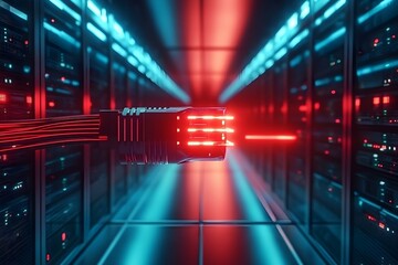 Obraz premium Cybernetic Surge: Futuristic Network Cable Connector Glowing Red in Darkness