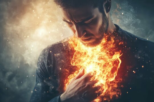 Intense man displaying powerful emotions with flames emerging from his chest in a dramatic setting