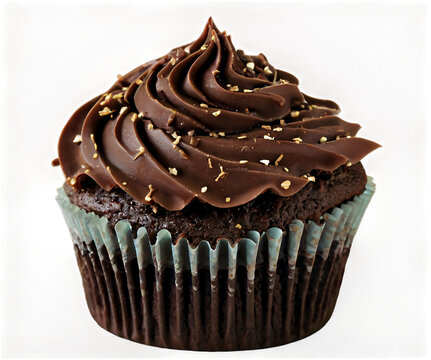 A delectable chocolate cupcake topped with a thick swirl of rich, dark chocolate frosting.