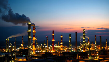 Naklejka premium Dramatic industrial scene, sprawling refinery under a twilight sky, towers emitting steam and complex piping highlighted, symbolizing energy production, vintage, with white tones