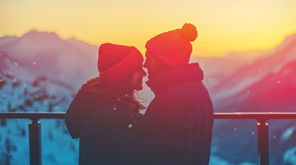 couple in winter clothing shares romantic moment at sunset in snow