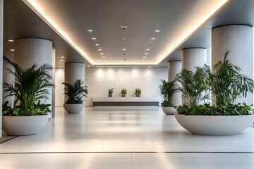 Fototapeta premium Contemporary Serenity: Modern Minimalist Lobby Interior Design with Greenery
