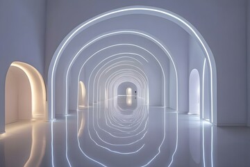 Naklejka premium Radiant Serenity: Modern White Architecture Interior with Glowing Arches