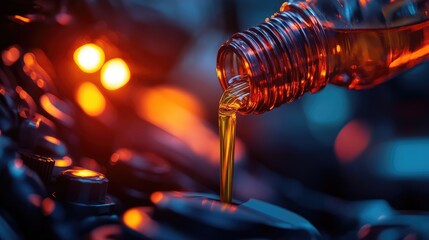 New oil being poured from a bottle with a bright label into an engine