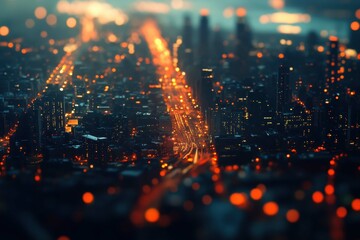 Vibrant city skyline at dusk with illuminated streets and shimmering lights