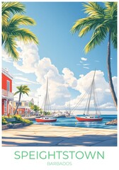 Obraz premium Speightstown Barbados Travel Poster Flat Illustration Print Decor Gift Canvas Wall Art Gift