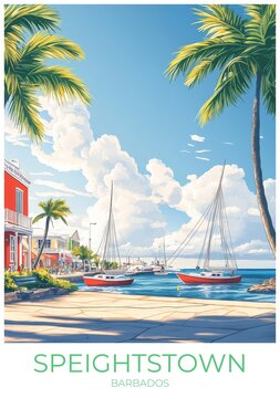 Speightstown Barbados Travel Poster Flat Illustration Print Decor Gift Canvas Wall Art Gift