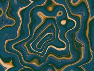 Abstract swirling teal, gold, and cream marble texture background.