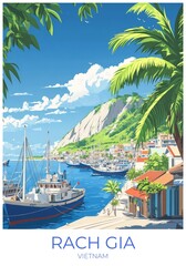 Fototapeta premium Rach gia Vietnam Travel Poster Flat Illustration Print Decor Gift Canvas Wall Art Gift