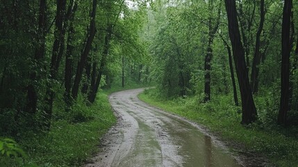 Naklejka premium Serene Rainy Forest Road Surrounded by Lush Greenery Inviting Nature Journey Through Tranquil Countryside Scenic Wetland Landscape