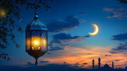Lantern and a crescent moon for Eid Mubarak and Ramadan Kareem on a blue background, with copy space for text