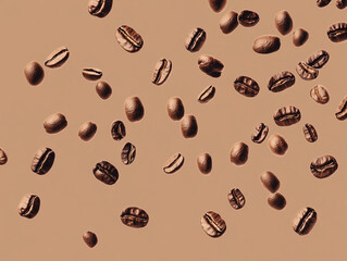 Obraz premium Floating Coffee Beans on Brown Background