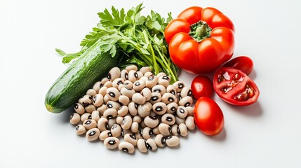 Black-eyed peas surrounded by fresh vegetables, isolated on a clean white surface