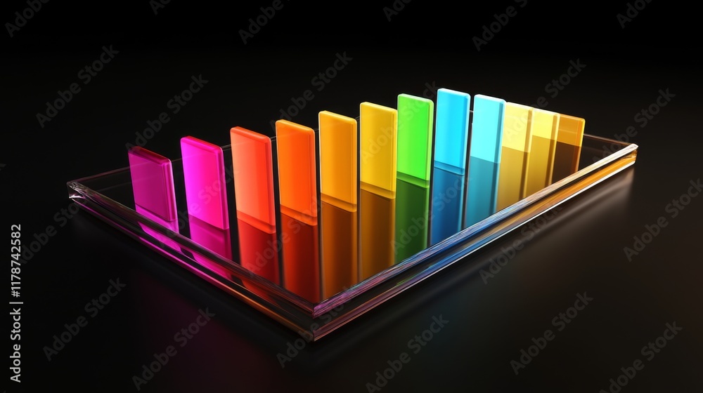 Poster d bar graph with vibrant colors, arranged in ascending order on a transparent glass base, with soft 