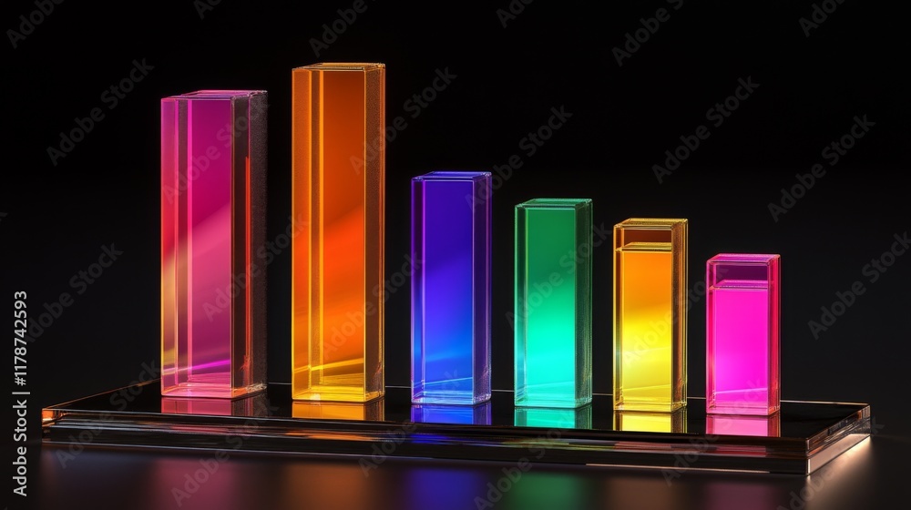 Aufkleber d bar graph with vibrant colors, arranged in ascending order on a transparent glass base, with soft 