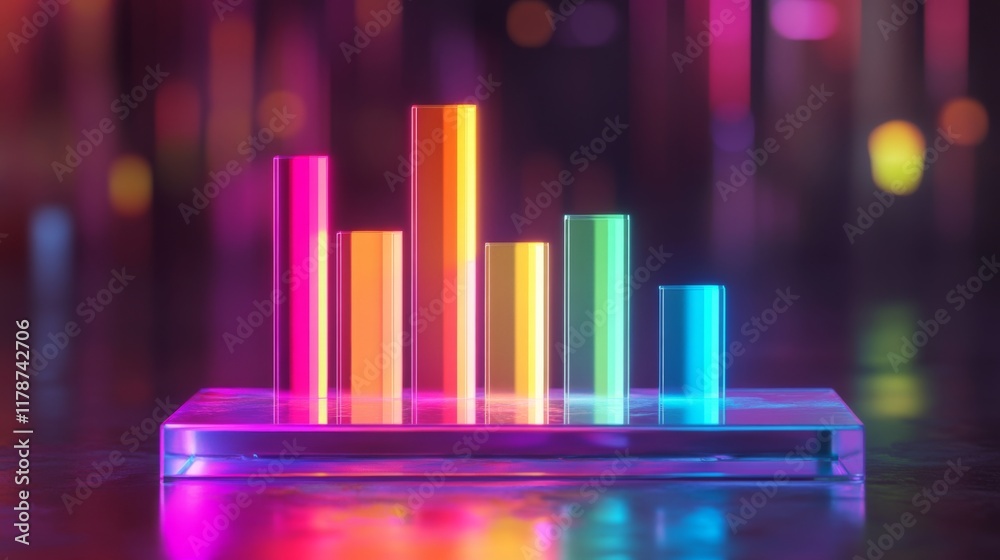 Poster d bar graph with vibrant colors, arranged in ascending order on a transparent glass base, with soft 