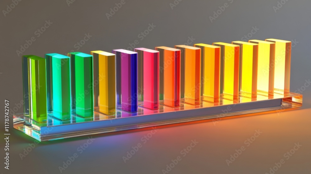Poster d bar graph with vibrant colors, arranged in ascending order on a transparent glass base, with soft 