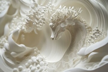 Intricate paper sculpture depicting a mystical creature surrounded by floral elements in serene...