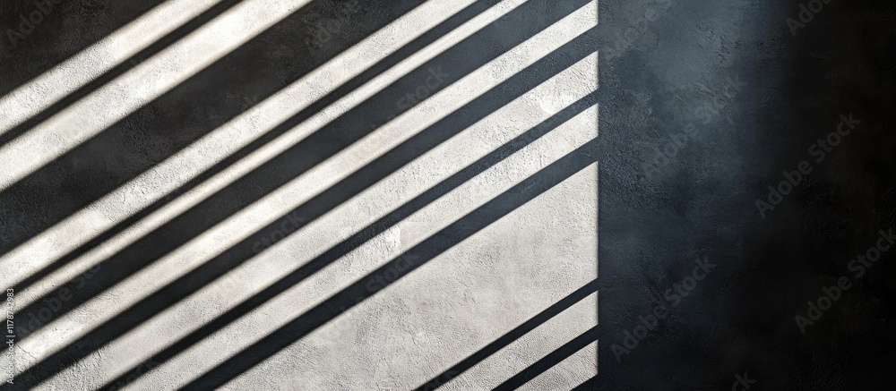 Poster Shadows from blinds creating patterns on a textured wall with ample empty space for design or text overlay in a minimalist setting