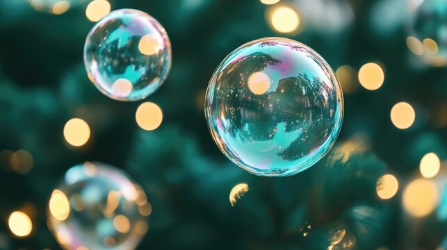 Soft green bubble background with bokeh lights creating a festive atmosphere for Christmas tree decoration and holiday art enhancement